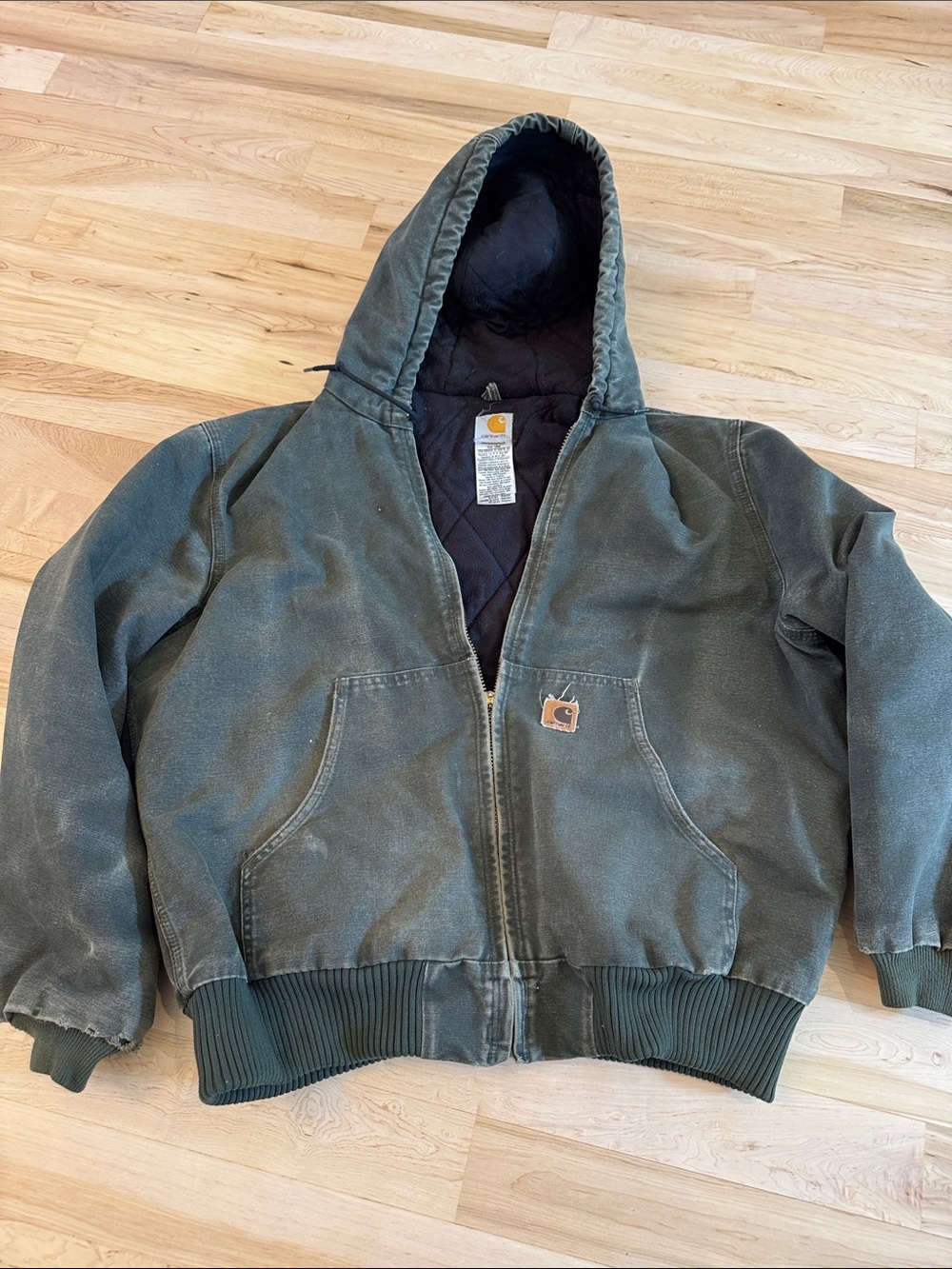 Carhartt J130MOS hooded Distressed Full Zip Green Workwear Jacket Coat-L-Read